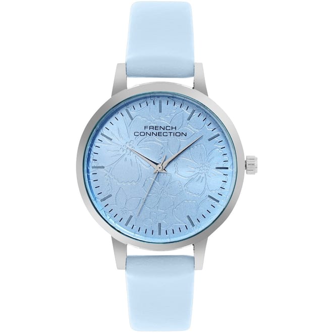 Silver Case Round Shape Sky Blue Strap Quartz Watch