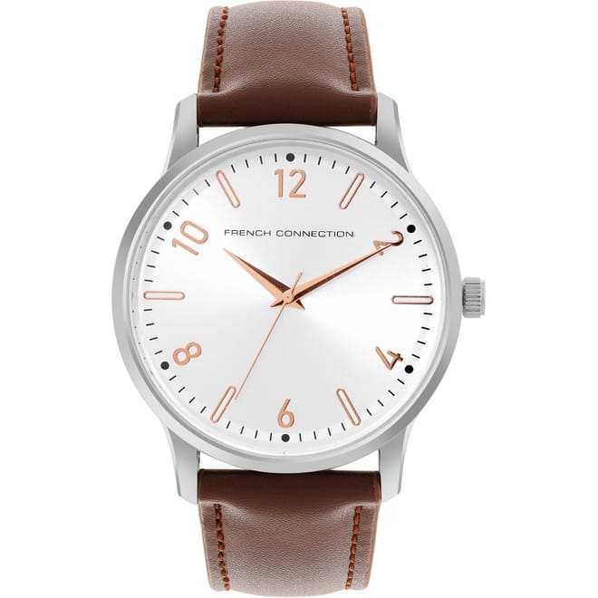 Connection Silver Case Round Shape Brown Strap Quartz Watch