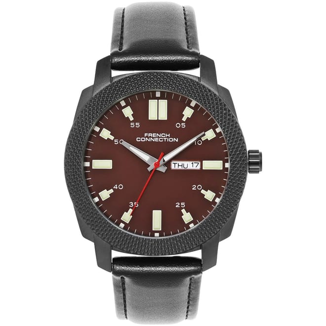 Connection Black Case Round Shape Black Strap Quartz Watch