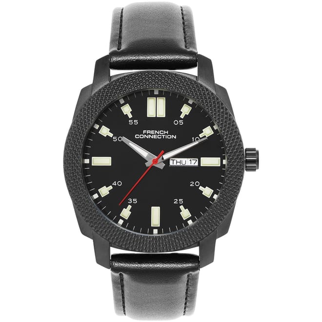Connection Black Case Round Shape Black Strap Quartz Watch