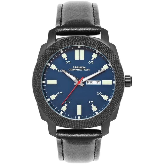 Connection Black Case Round Shape Black Strap Quartz Watch