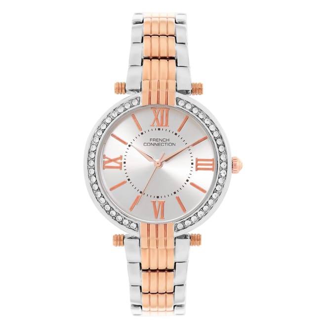 Connection Silver Case Round Shape Rose Two Tone Strap Quartz Watch
