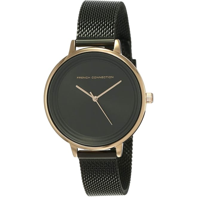 Connection Rose Case Round Shape Black Strap Quartz Watch