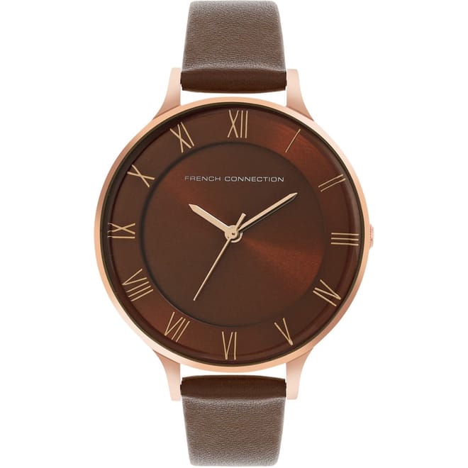 Connection Rose Case Round Shape Brown Strap Quartz Watch