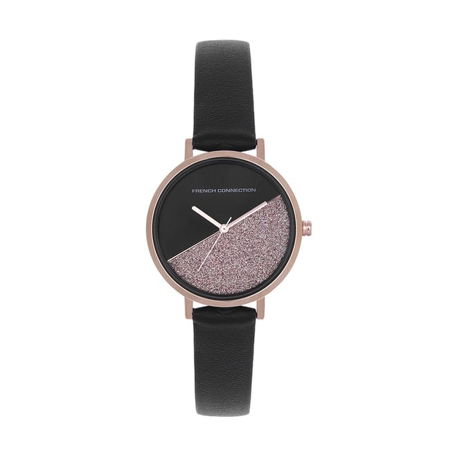 Connection Rose Case Round Shape Black Strap Quartz Watch