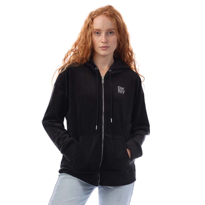Full Zip Rhinestone Logo Velour Hoody