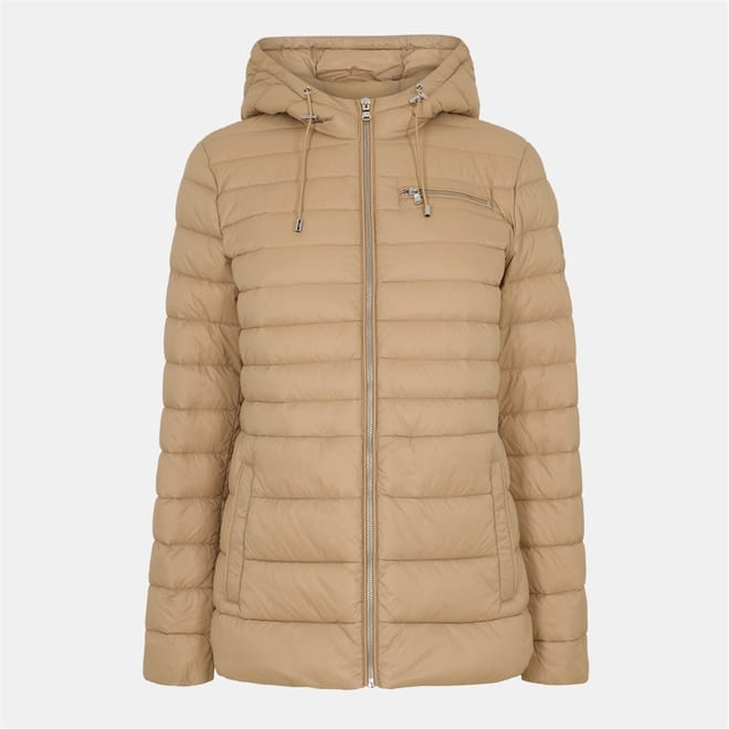 Hooded Drawstring Horizontal Patterned Puffer Jacket