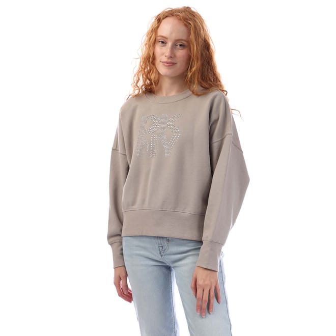 Mixed Rhinestone Stud Logo Crew Sweat Shirt