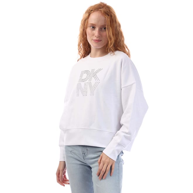 Mixed Rhinestone Stud Logo Crew Sweat Shirt