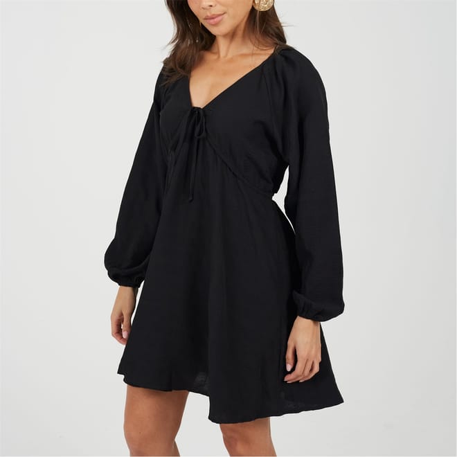 V-Neck Long Sleeve Mini Babydoll Dress