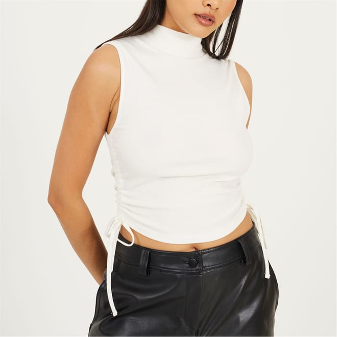Womens Sleeveless High Neck Top With Drawstring Side Detail.
