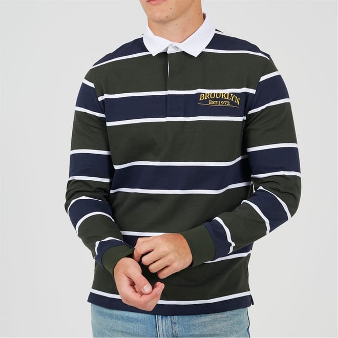 Mens Long Sleeve Striped Rugby Shirt With Chest Embroidery