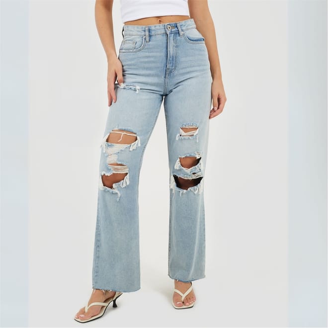 Womens High Waisted Wide Leg Distresed Jean