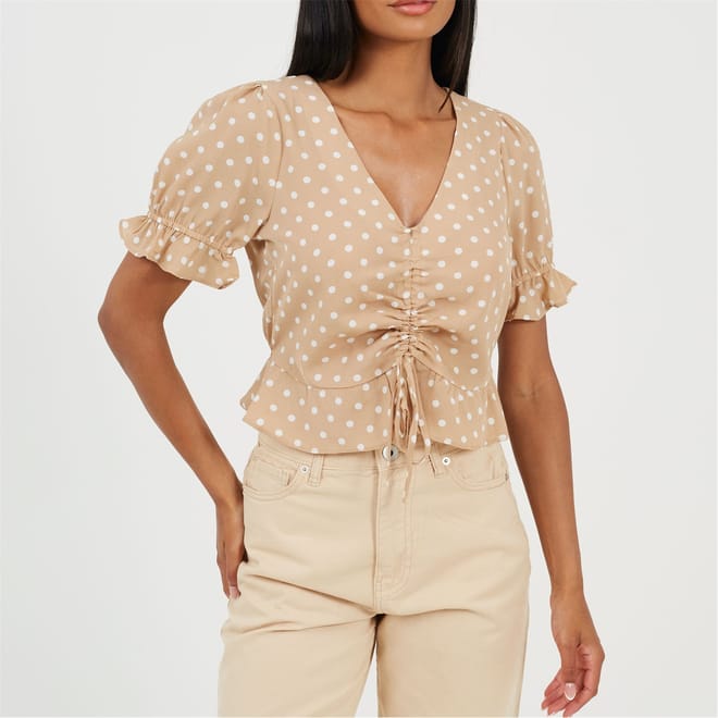 Womens Short Sleeve Polka Dot Top With Centre Ruching