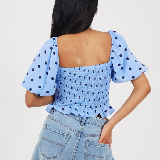 Womens Puff Sleeve Shirred Bust Polka Dot Top