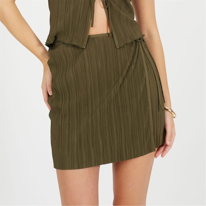 Womens Side Tie Plisse Mini Skirt