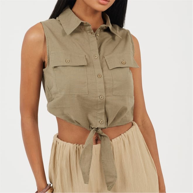 Womens Sleeveless Collared Top With Tie Detail