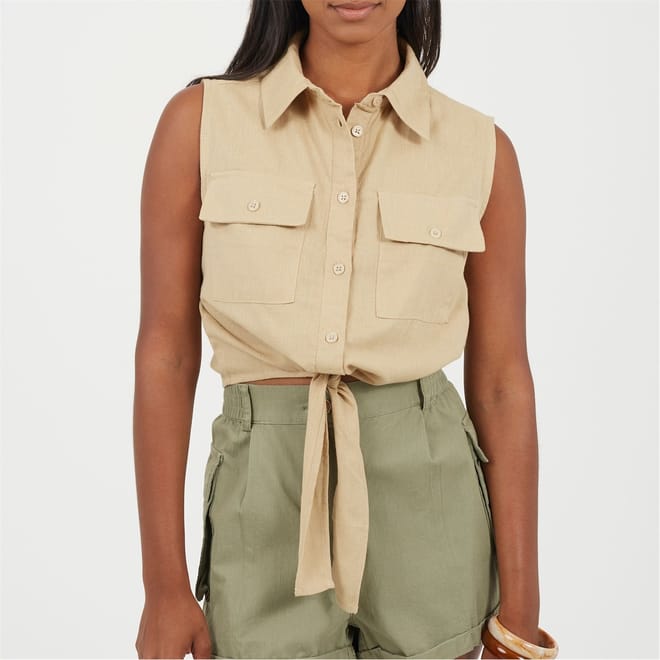 Womens Sleeveless Collared Top With Tie Detail
