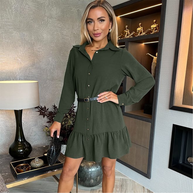 Sleeve Frill Hem Shirt Mini Dress