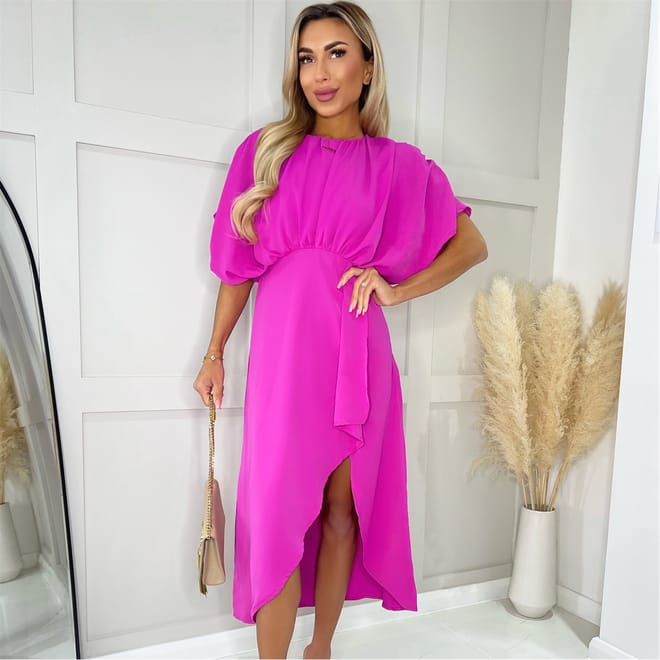 Pink Batwing Top Wrap Skirt Midi Dress
