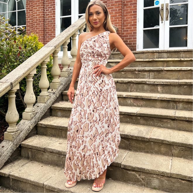 Printed One Shoulder Pleated Midi Dress