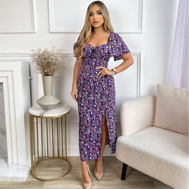 Animal Print Short Sleeve Tie Front Midi Dress