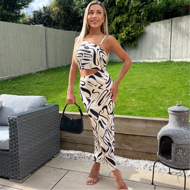 And Cream Printed Asymmetric Cut Out Midi Dress