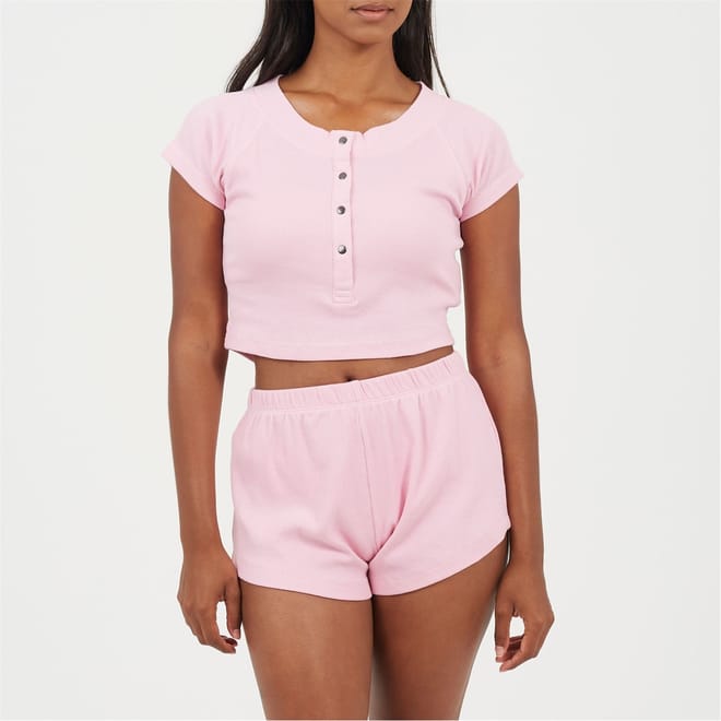 Womens Lounge Set With Henley Cropped Tee  And  Matching Shorts