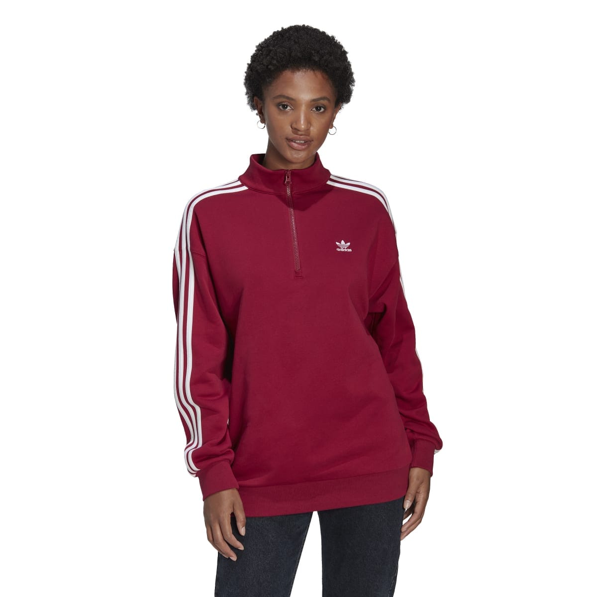 adidas Originals Womens Adicolor Trefoil 1 4 Zip Sweatshirt in Burgundy