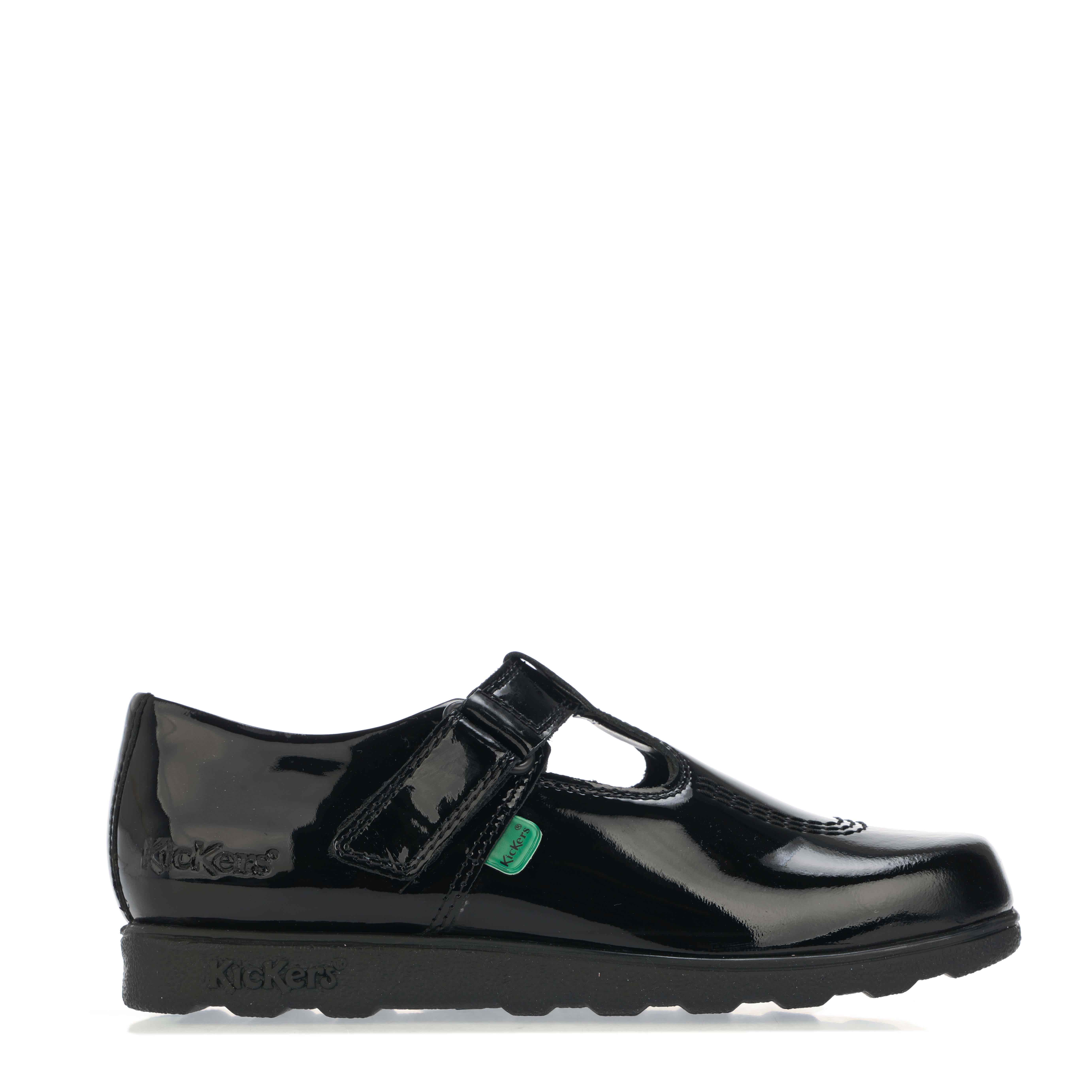 Girl's Kickers Girls School Shoes Fragma T Bar Leather black patent UK Size - Size: 2.5 (older)