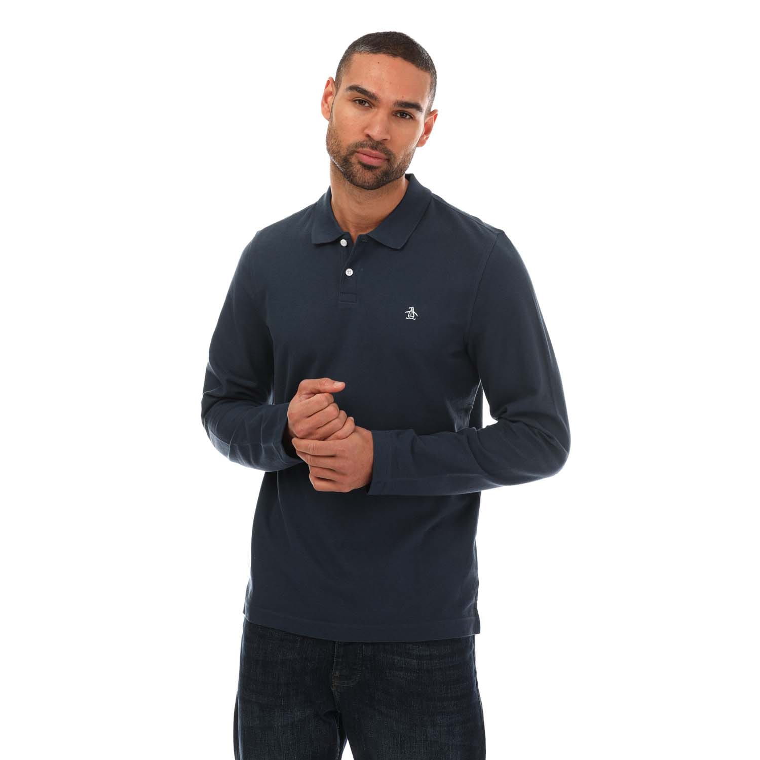 Dark Blue Original Penguin Mens Logo Long Sleeve Polo Shirt Get The Label