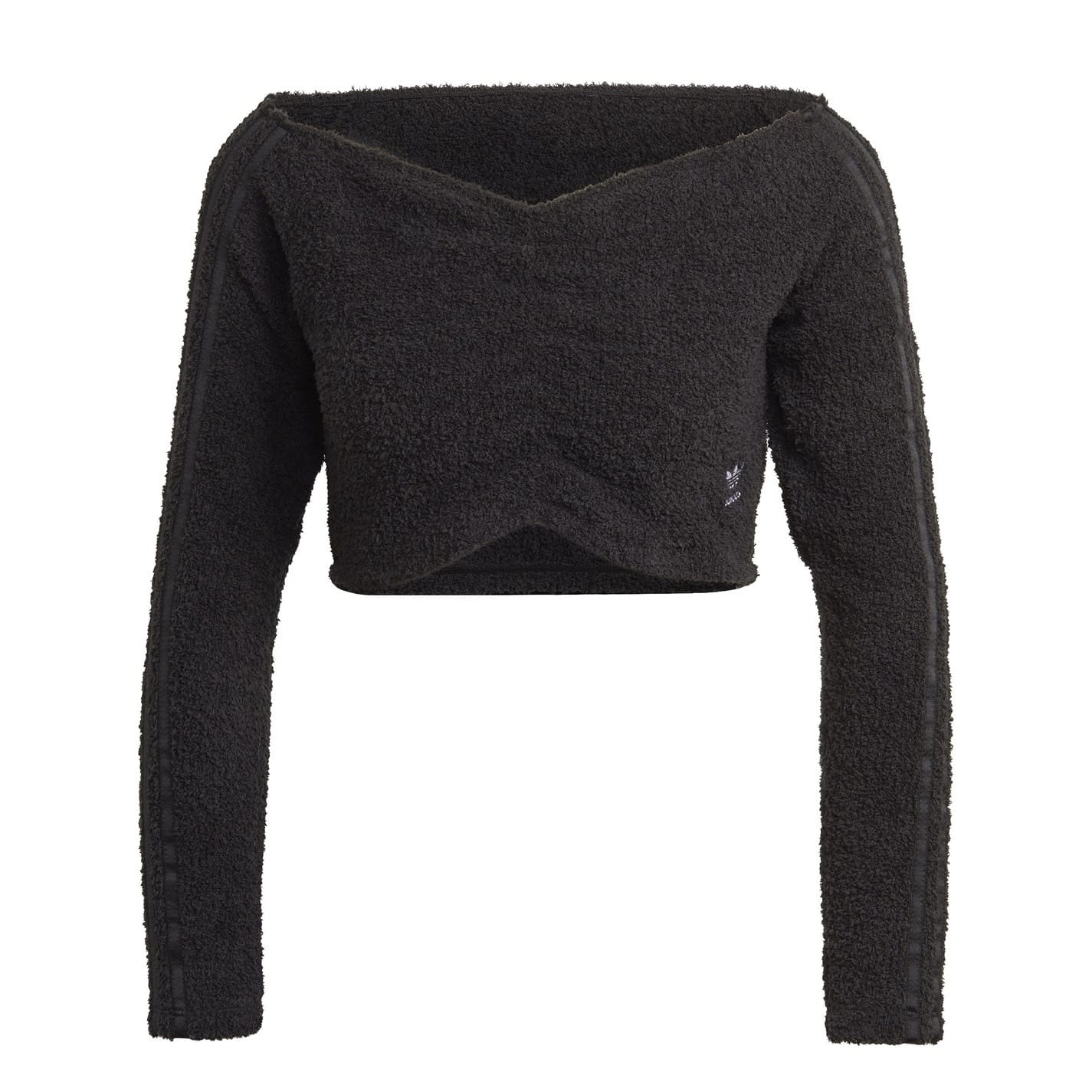 adidas Cropped Off the Shoulder Relaxed Fit Sweatshirt in Black