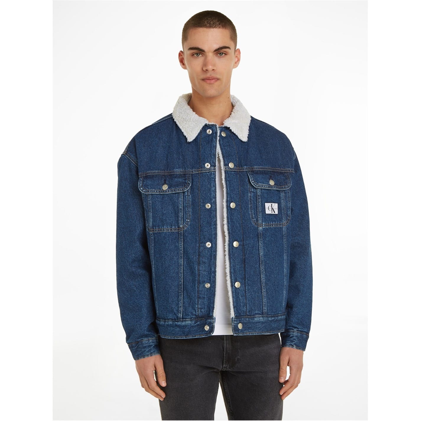 Calvin Klein Jeans 90s Sherpa Trucker Jacket in Blue