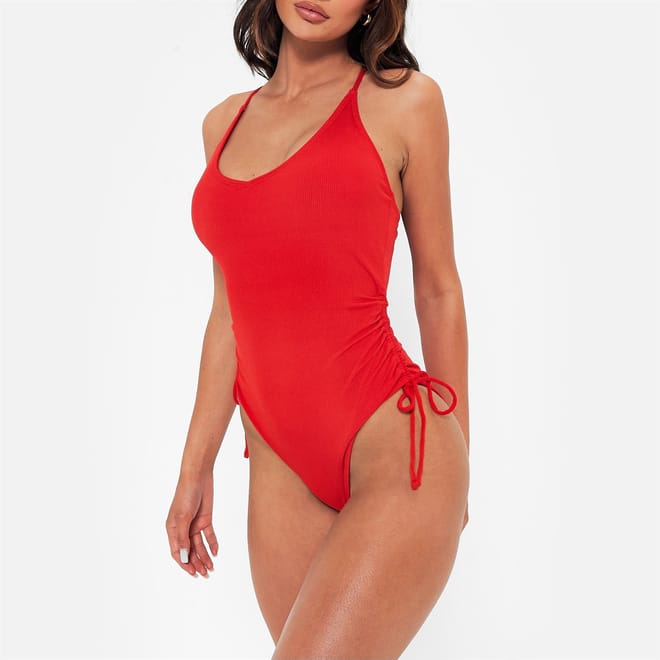 Rib Ruched High Leg Plunge Swimsuit
