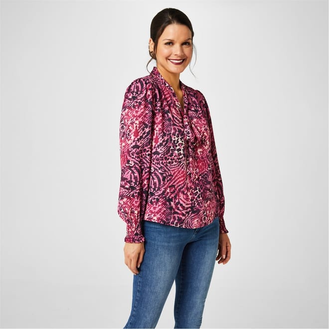 Tie Neck Long Sleeve Hip Length Blouse