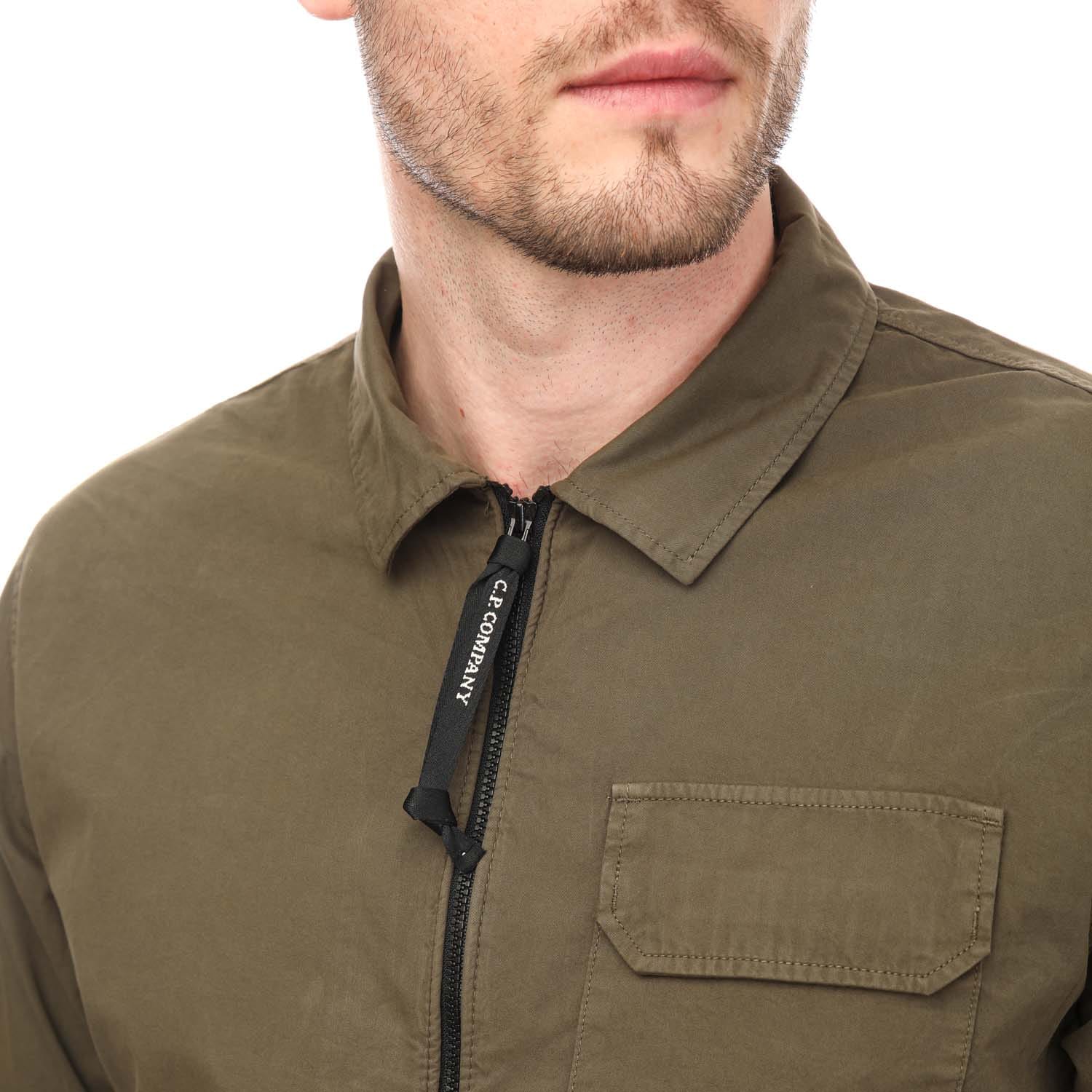 Khaki C.P. Company Mens Gabardine Zipped Shirt - Get The Label