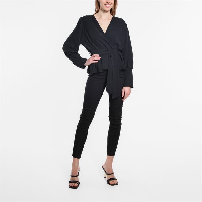 Peplum Wrap V Neck Relaxed Fit Blouse