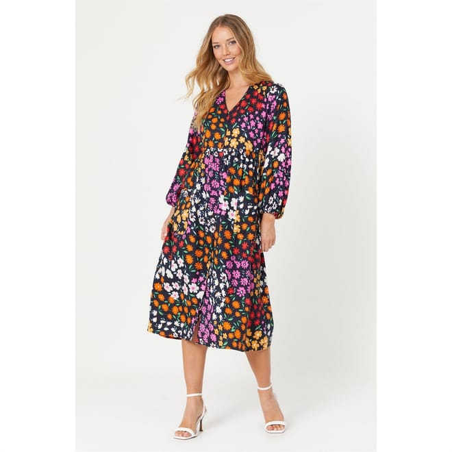 Floral V-Neck Midi A-Line Dress
