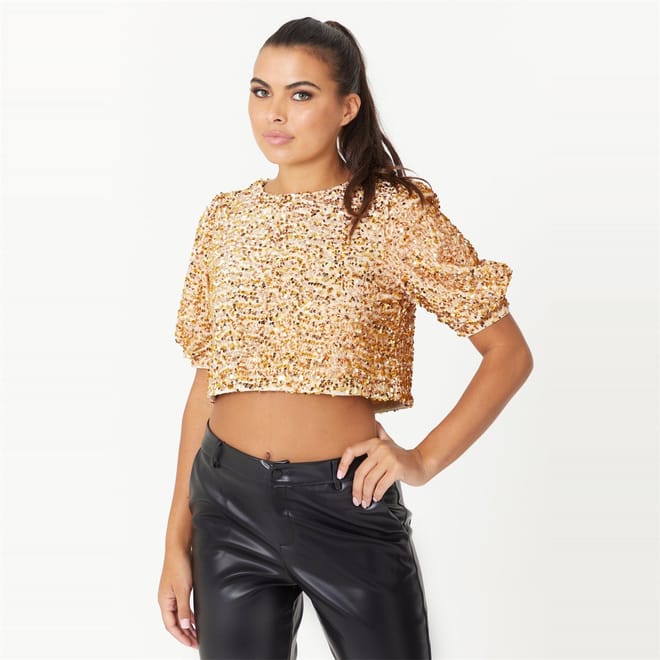 Sequin Cropped Crew Neck Blouse