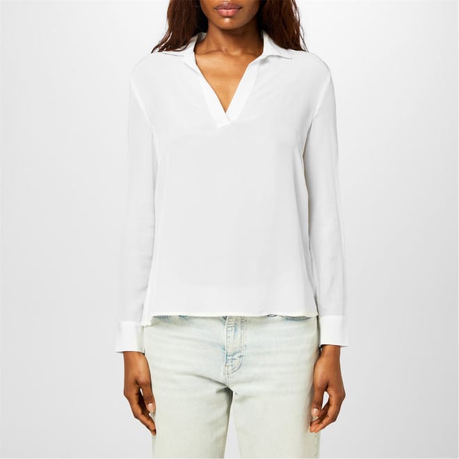 Notched Neck Relaxed Fit Long Sleeve Blouse