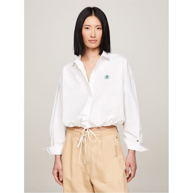 Cropped Tie Long Sleeve Blouse
