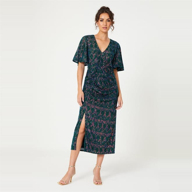 Sequin V-Neck Midi Dress