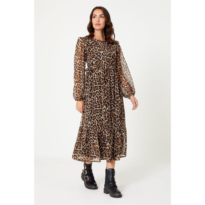 Frill Animal Print Crew Neck Midi Dress