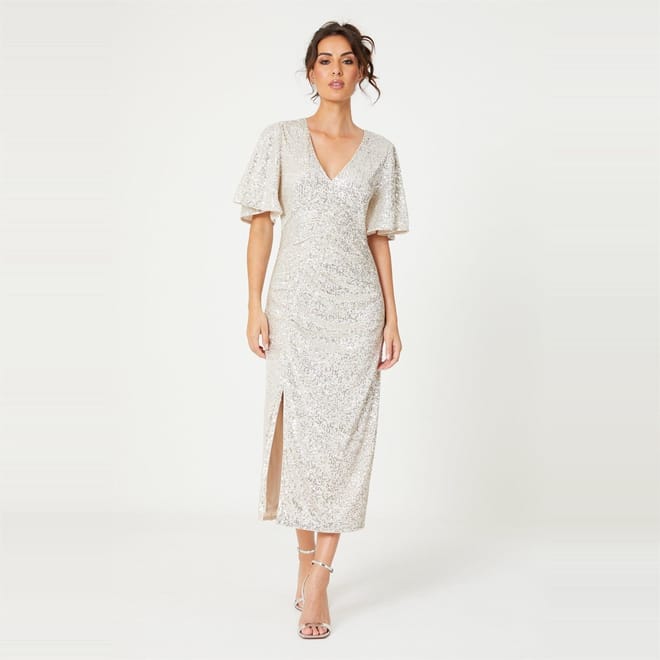 Sequin V Neck Midi Dress
