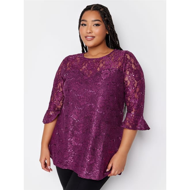 Curve Black Lace Sequin Embellished Swing Top