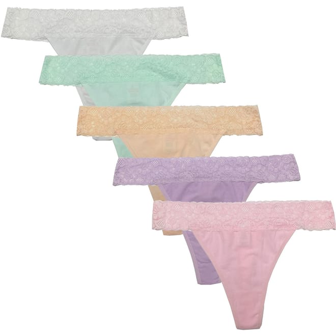 5 Pack Lace Trim Cotton Thong