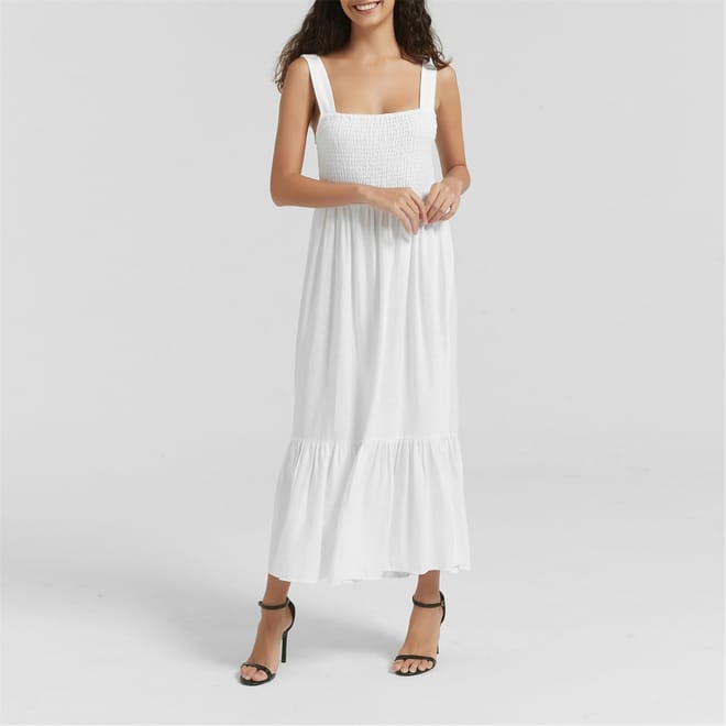 Linen Square Neck Midi Shirred Dress