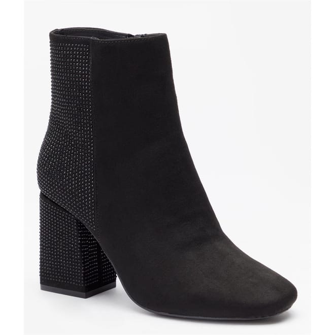 Diamante Block Heel Faux Suede Boot