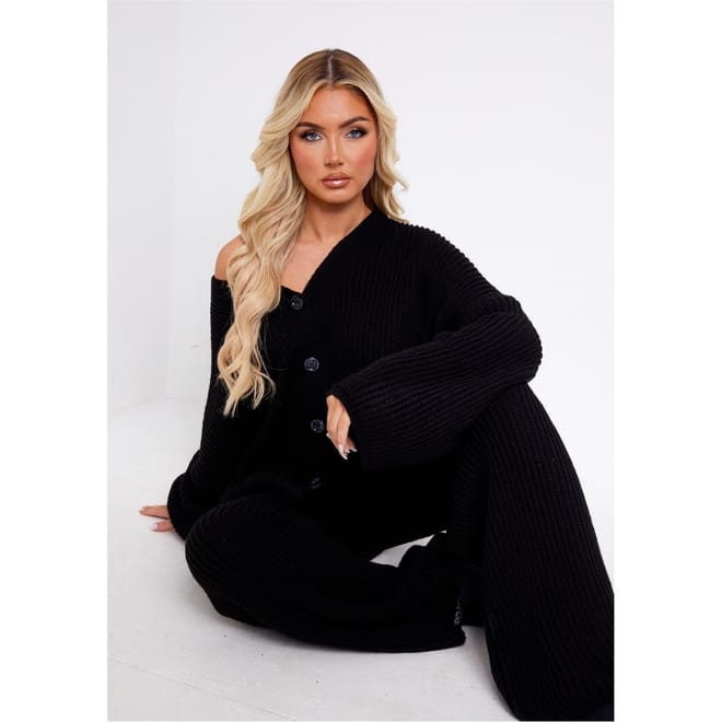Grey Chunky Knit Cardigan  And  Trouser Set