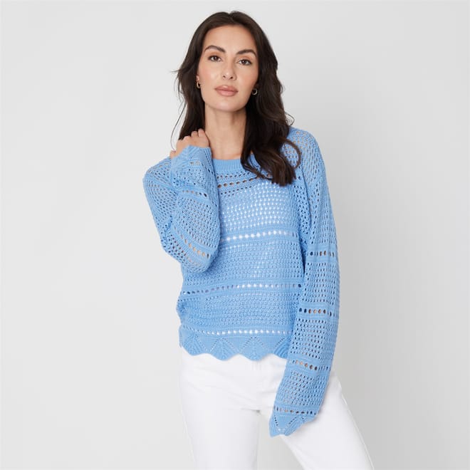 Pointelle Crew Neck Long Sleeve Sweater
